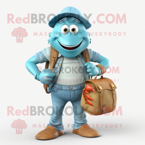 Cyan Hermit Crab mascot costume character dressed with a Denim Shirt and Handbags