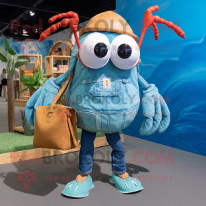 Cyan Hermit Crab mascot costume character dressed with a Denim Shirt and Handbags