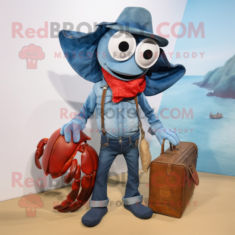 Cyan Hermit Crab mascot costume character dressed with a Denim Shirt and Handbags