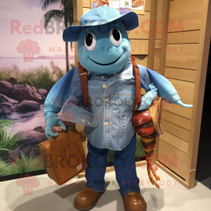 Cyan Hermit Crab mascot costume character dressed with a Denim Shirt and Handbags