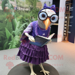 Purple Guinea Fowl mascot costume character dressed with a Maxi Skirt and Reading glasses