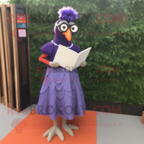 Purple Guinea Fowl mascot costume character dressed with a Maxi Skirt and Reading glasses