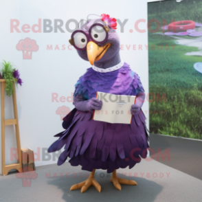 Purple Guinea Fowl mascot costume character dressed with a Maxi Skirt and Reading glasses