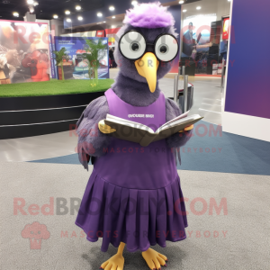 Purple Guinea Fowl mascot costume character dressed with a Maxi Skirt and Reading glasses