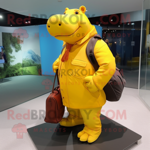 Yellow Hippopotamus mascot costume character dressed with a Jacket and Messenger bags