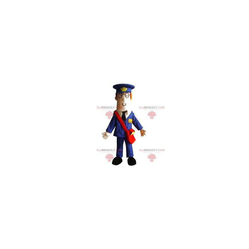 Hombre mascota con un traje azul y una bolsa roja -