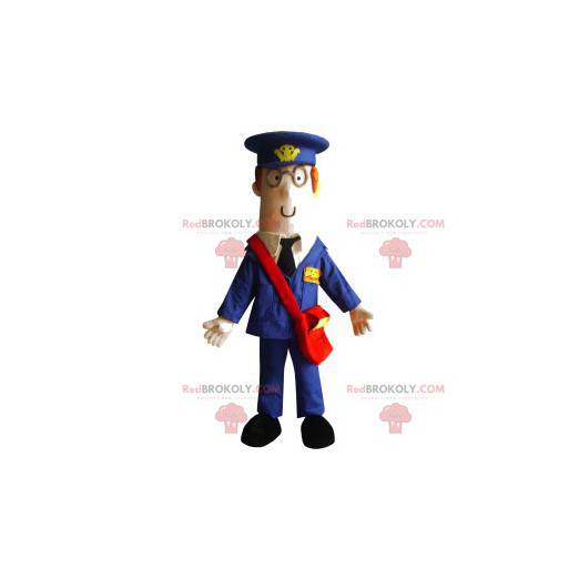 Uomo mascotte con un abito blu e una borsa rossa -