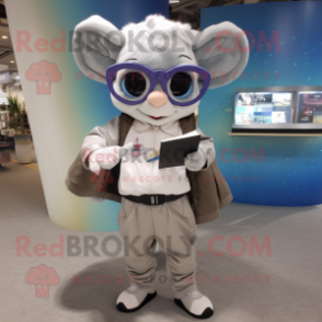 Gray Tooth Fairy mascot costume character dressed with a Bomber Jacket and Reading glasses