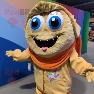 Tan Fish Tacos mascot costume character dressed with a Windbreaker and Wraps