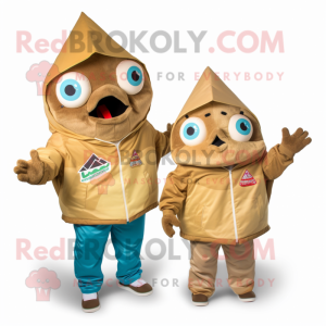 Tan Fish Tacos mascot costume character dressed with a Windbreaker and Wraps