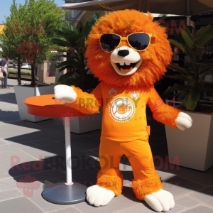 Orange Lion mascot costume character dressed with a Empire Waist Dress and Sunglasses