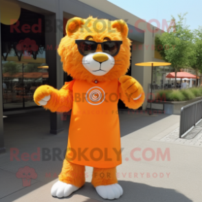 Orange Lion mascot costume character dressed with a Empire Waist Dress and Sunglasses