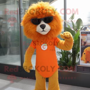 Orange Lion mascot costume character dressed with a Empire Waist Dress and Sunglasses