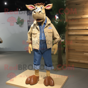 Beige Jersey Cow mascot costume character dressed with a Chambray Shirt and Shoe clips