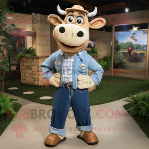 Beige Jersey Cow mascot costume character dressed with a Chambray Shirt and Shoe clips