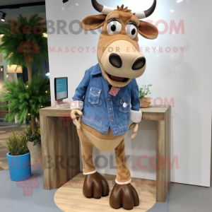 Beige Jersey Cow mascot costume character dressed with a Chambray Shirt and Shoe clips