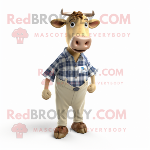 Beige Jersey Cow mascot costume character dressed with a Chambray Shirt and Shoe clips