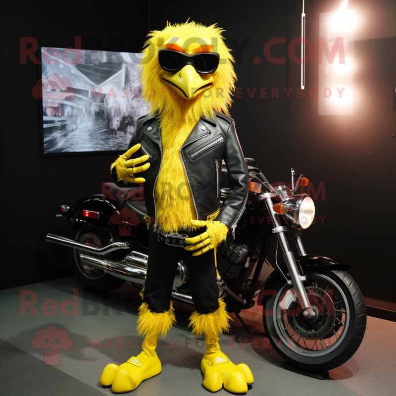 Yellow Harpy mascot costume character dressed with a Biker Jacket and Keychains Yellow Harpy mascot costume character dressed with a Biker Jacket and Keychains