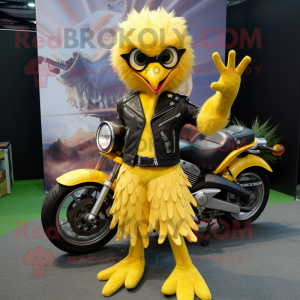 Yellow Harpy mascot costume character dressed with a Biker Jacket and Keychains