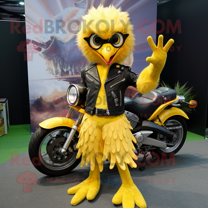 Yellow Harpy mascot costume character dressed with a Biker Jacket and Keychains Yellow Harpy mascot costume character dressed with a Biker Jacket and Keychains