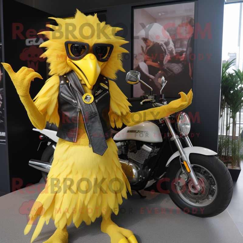 Yellow Harpy mascot costume character dressed with a Biker Jacket and Keychains Yellow Harpy mascot costume character dressed with a Biker Jacket and Keychains
