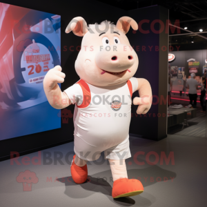 Cream Pig mascot costume character dressed with a Running Shorts and Suspenders
