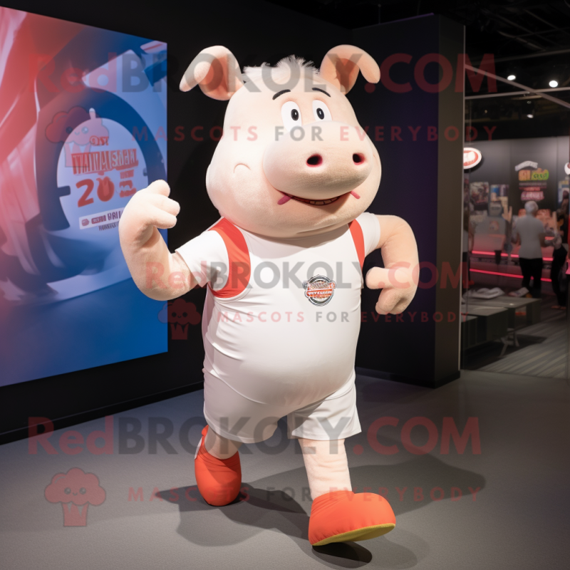 Cream Pig mascot costume character dressed with a Running Shorts and Suspenders Cream Pig mascot costume character dressed with a Running Shorts and Suspenders