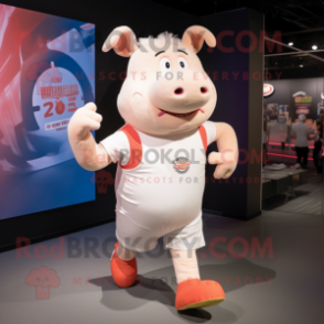 Cream Pig mascot costume character dressed with a Running Shorts and Suspenders