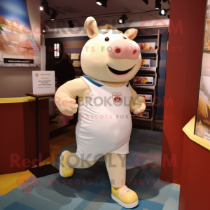 Cream Pig mascot costume character dressed with a Running Shorts and Suspenders