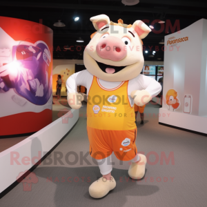 Cream Pig mascot costume character dressed with a Running Shorts and Suspenders