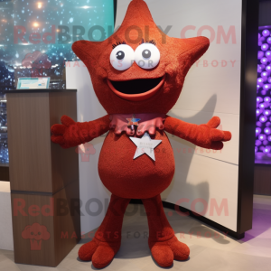 Maroon Starfish mascot costume character dressed with a Mini Dress and Keychains