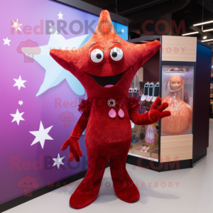Maroon Starfish mascot costume character dressed with a Mini Dress and Keychains