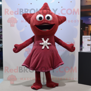 Maroon Starfish mascot costume character dressed with a Mini Dress and Keychains