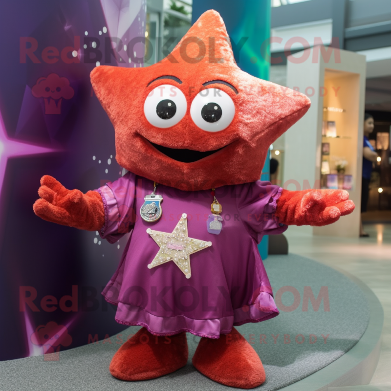 Maroon Starfish mascot costume character dressed with a Mini Dress and Keychains