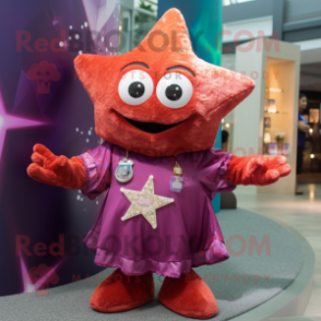 Maroon Starfish mascot costume character dressed with a Mini Dress and Keychains