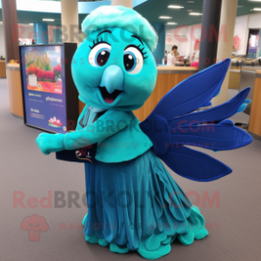 Teal Betta Fish mascot costume character dressed with a Wrap Skirt and Wallets