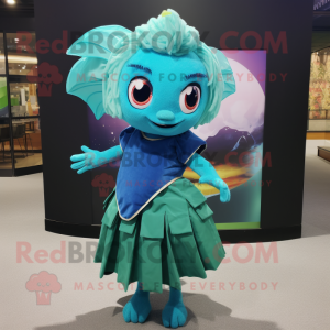 Teal Betta Fish mascot costume character dressed with a Wrap Skirt and Wallets