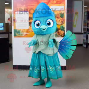 Teal Betta Fish mascot costume character dressed with a Wrap Skirt and Wallets