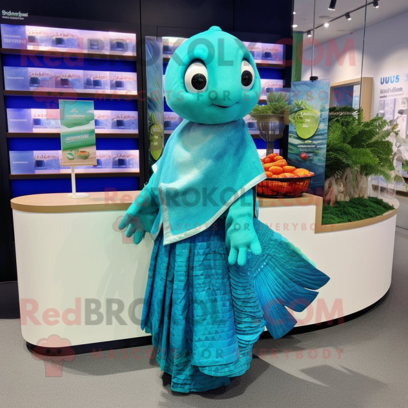 Teal Betta Fish mascot costume character dressed with a Wrap Skirt and Wallets