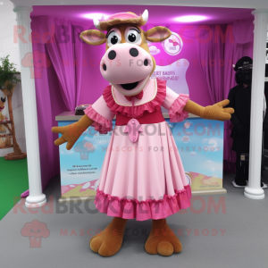 Pink Guernsey Cow mascot costume character dressed with a Maxi Skirt and Clutch bags