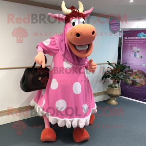 Pink Guernsey Cow mascot costume character dressed with a Maxi Skirt and Clutch bags