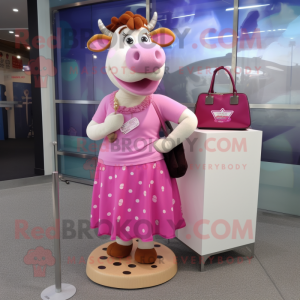 Pink Guernsey Cow mascot costume character dressed with a Maxi Skirt and Clutch bags