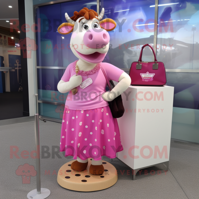 Pink Guernsey Cow mascot costume character dressed with a Maxi Skirt and Clutch bags Pink Guernsey Cow mascot costume character dressed with a Maxi Skirt and Clutch bags