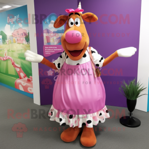 Pink Guernsey Cow mascot costume character dressed with a Maxi Skirt and Clutch bags