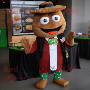 Brown Pulled Pork Sandwich mascot costume character dressed with a Blazer and Mittens