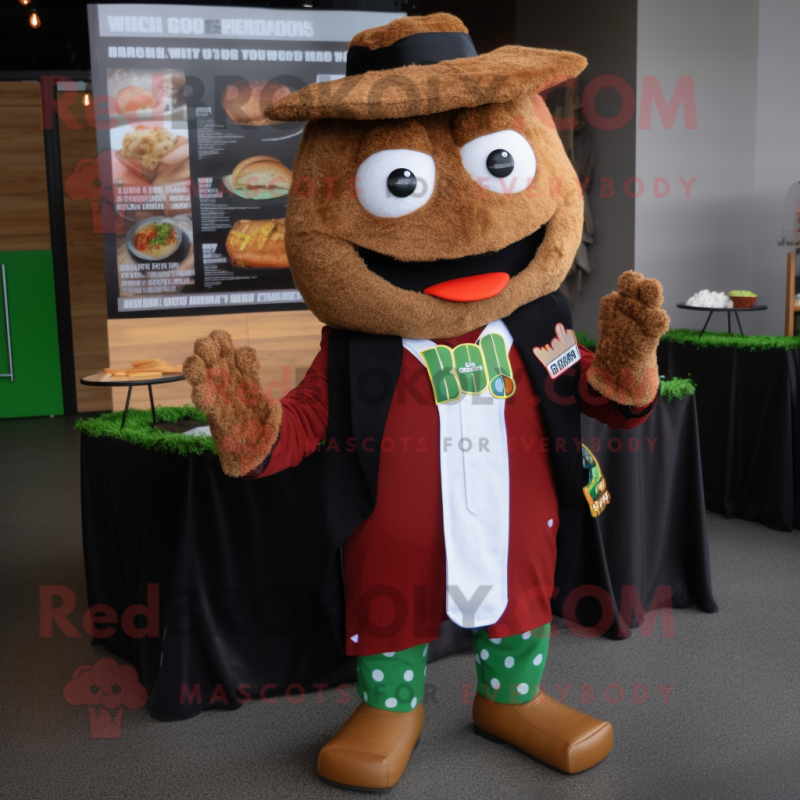 Brown Pulled Pork Sandwich mascot costume character dressed with a Blazer and Mittens Brown Pulled Pork Sandwich mascot costume character dressed with a Blazer and Mittens