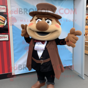 Brown Pulled Pork Sandwich mascot costume character dressed with a Blazer and Mittens