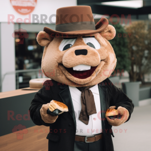 Brown Pulled Pork Sandwich mascot costume character dressed with a Blazer and Mittens