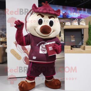 Maroon Steak mascot costume character dressed with a Sweatshirt and Clutch bags