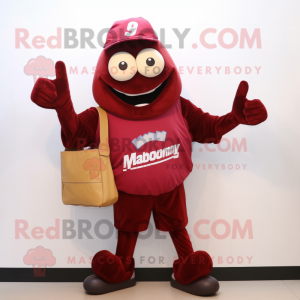 Maroon Steak mascot costume character dressed with a Sweatshirt and Clutch bags